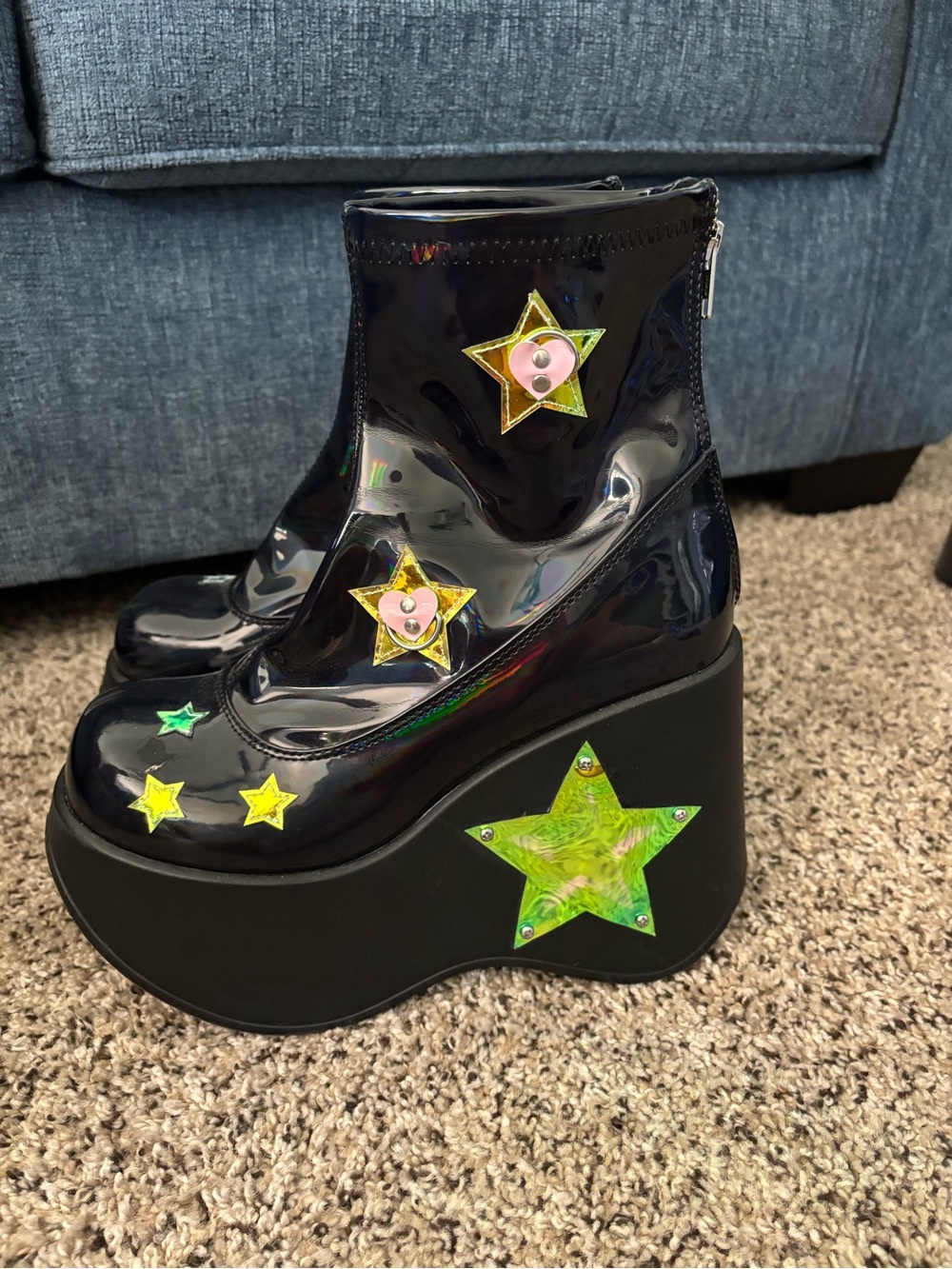 Demonia Blaze Black Holographic Platform Boots with Stars that Light Up, Size 10